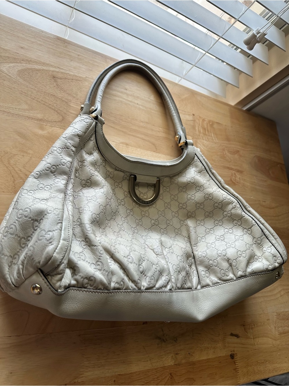 Gucci Cream Monogram Shoulder Bag with Gold-Tone Ring